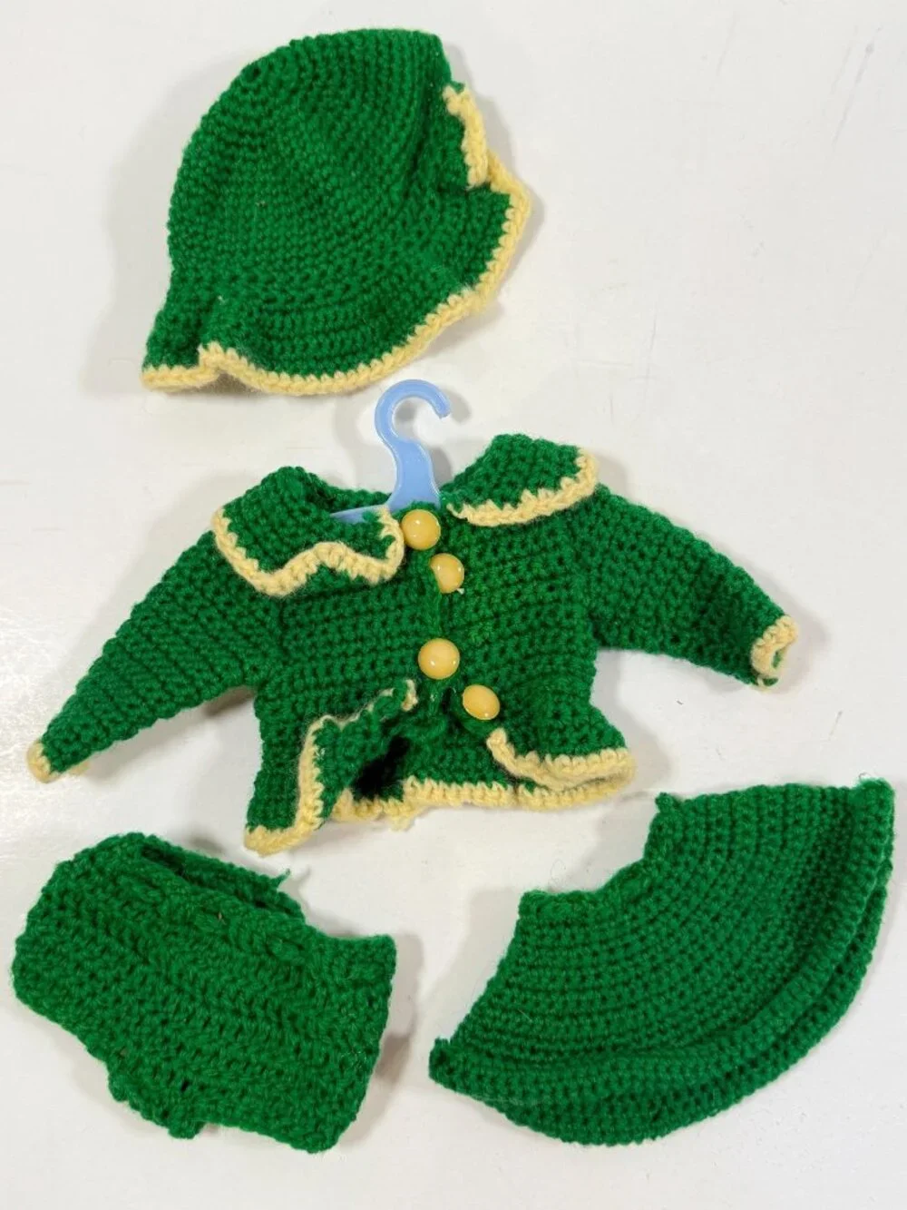Vintage Mary Hoyer Doll Crocheted Winter Outfit Green White Trim Purse Hat READ